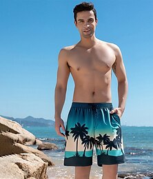 billige -Herre Shorts Strandshorts Lomme Snorer Trykt mønster Grafisk Blad Tre Pustende Hurtigtørkende Knelengde utendørs Feriereise Hjem Ferie Etnisk stil Sjø blå Mørkeblå / Rød Mikroelastisk