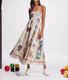 abordables -Femmes Robe Longue Maxi Robe Robes en coton et lin Robe Décontractée Mode Extérieur Soirée Fête Coupe régulière Géométrique Sans manches Bretelles spaghetti Beige Été