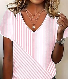 preiswerte -Karnival Damen T Shirt Gestreift Stilvoll Lässig Kurzarm V Ausschnitt Normale Oberteile Täglich Druck Gelb Hellgrün Rosa Blau Purpur Sommer Frühling