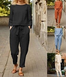 economico -Per donna Moda Streetwear Set di biancheria in cotone Set da due pezzi Maglietta Pantaloni di Lino Pantaloni Manica Lunga Girocollo Semplice Coulisse Abbigliamento quotidiano Data Nero Azzurro cielo