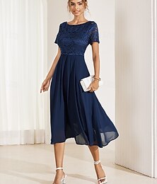 preiswerte -Damen Teelänge A Linie Kleid Elegant Formell Hochzeitsgast Cocktailparty Normale Passform Blumen Kurzarm Rundhalsausschnitt Dunkelblau Sommer
