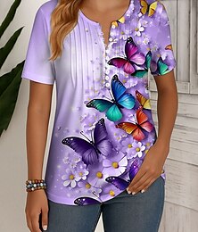 abordables -Mujer Camiseta Ombre Floral Graphic Vintage Elegante Clásico Manga Corta Escote Redondo Tops regulares Diario Fin de semana Ropa de playa Botones Fruncida Estampado Rojo Morado Verde Trébol Verano