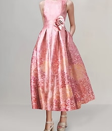 preiswerte -A-Linien Cocktailkleider Elegantes Kleid Formal Hochzeit Tee-Länge Ärmellos Juwelenhalsausschnitt Rosa Kleid Satin mit Druck Derby Kleider Hochzeitsgastkleid 2025