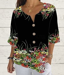 abordables -Mujer Camisa Tops de verano Graphic Clásico Casual Manga 3/4 Escote en Pico Tops regulares Diario Fin de semana Estampado Negro Verano Primavera Otoño