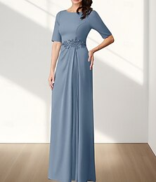 levne -Áčkové šaty matky nevěsty svatební host elegantní kulatý výstřih délka k podlaze chiffon elastická tkanina poloviční rukáv s aplikacemi řasením