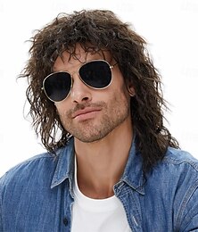 abordables -Perruque mulet années 70/80 avec frange, cheveux longs et bouclés, style disco, marron foncé, pour homme, style hippie rock, soirée à thème des années 80, cosplay, anime, cheveux synthétiques