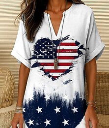 abordables -Blouse Patriotique pour Femmes Ombre Cœur Drapeau Élégante Quotidienne Élégante Manches Courtes Col en V Col Notché Tops Quotidiens Travail Vacances Blanc Rouge Bleu Été