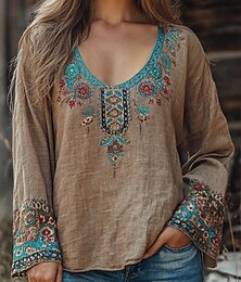 economico -Per donna camicetta western Camicia Boho Blusa Fiore Boho Manica Lunga Scollo a V Top Regolari Quotidiano Uscire Stampato Cammello Cachi Estate