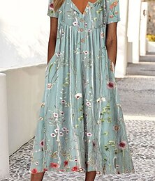 ieftine -Pentru femei Rochii Midi Rochie de vară Rochie plisata Vacanță Casual Stiluri de Plajă Concediu Potrivire Largă Floral Grafic Manșon scurt Stil Nautic Albastru piscină Trifoi Gri Vară