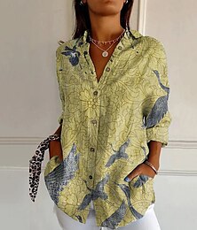 abordables -Mujer Camisa Flor Diario Elegante Básico Media Manga Escote en Pico Tops regulares Diario Festivos Estampado Blanco Amarillo Azul Piscina Primavera Otoño