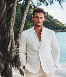 economico -blazer da uomo in lino, giacca sportiva, casual, primaverile &estivo cotone lino tinta unita bianco