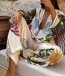 abordables -Femmes Mode Streetwear Chemises en coton et lin Ensembles en coton et lin Ensembles de Pantalons manche longue Col de chemise Fleuri Imprimé Tenue quotidienne Date Rose Claire Bleu Beige Été Coupe