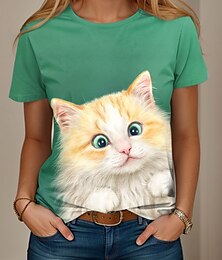 abordables -Camiseta de mujer Kayomi Harai con estampado de animales y gatos, estilo vintage, elegante, clásica, de manga corta y cuello redondo, para diario, fin de semana, con estampado verde, para verano y primavera.