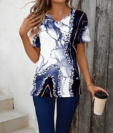 abordables -Mujer Moda Camiseta Conjuntos de pantalones cortos Manga Corta Escote en Pico Floral Graphic Impresión 3D Estampado Casual Diario Vino Verde Ejército Azul Marino Oscuro Verano Ajuste regular