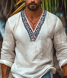 economico -Per uomo Camicia Camicia di lino Camicia popover Camicia Estiva Abbigliamento da spiaggia Camicie retrò Tinta unica Vacanza Ferie Bianco Manica Lunga Scollo a V Estate Primavera Abbigliamento Nappa