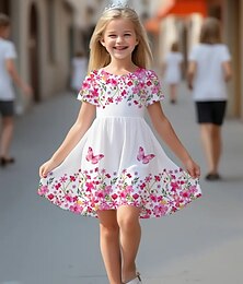 cheap -Girls' 3D Floral Butterfly Dress Short Sleeve Summer Spring Vacation Daily Holiday Princess Beautiful Sweet Kids 4-12 Years Casual Dress A Line Dress Knee-length Regular Fit