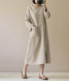 abordables -Femmes Robe Midi Robes en coton et lin Robe Décontractée Mode Extérieur Soirée Fête Coupe régulière Uni manche longue Col ras du cou Noir Vin Kaki Été