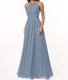 economico -Abito da damigella d'onore A-Line scollo all'americana senza maniche elegante lunghezza pavimento in chiffon con pieghe  arricciature