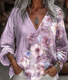 abordables -Mujer Blusa Floral Graphic Elegante Casual Manga 3/4 Escote en Pico Tops regulares Diario Azul Piscina Morado Verde Trébol Verano Primavera