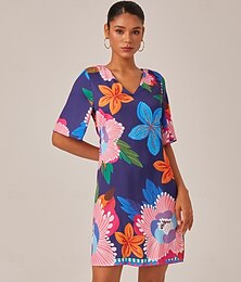 ieftine -Rochie mini din satin pentru femei, decolteu în V, mânecă jumătate, imprimeu floral, croială dreaptă, spate elastic, lejer, casual, elegant, de zi, rochie de vacanță