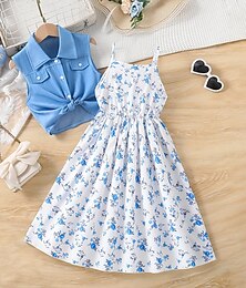 economico -2 Pezzi Bambini Ragazze Tinta unica Nodo da legare Abiti eleganti Impostato Senza Maniche Moda Scuola 7-13 Anni Estate Azzurro