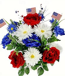 abordables -Bouquet de fleurs artificielles patriotiques pour le 4 juillet, fausses fleurs de cimetière rouges, blanches et bleues avec drapeaux américains, roses, marguerites pour la tombe, décoration du jour commémoratif des anciens combattants