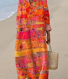abordables -Femmes Robe Midi Robe d'Été Robe trapèze Vacances Occasionnel Boho Soirée Sortir Plage Graphique Géométrique Rayure manche longue Col en V Frêne Jaune Rose Claire Orange Été Printemps