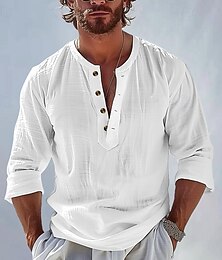 preiswerte -Herren Hemd Popover-Hemd Sommerhemd Strandbekleidung Einfach Urlaub Lässig Schwarz Weiß Himmelblau Aprikose Langarm Stehkragen Frühling & Sommer Bekleidung