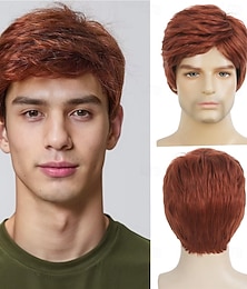 abordables -Perruque synthétique courte rouge pour homme, aspect naturel, idéale pour Halloween ou cosplay.