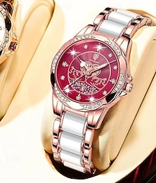 abordables -Reloj de cuarzo para mujer en oro rosa: esfera retro de diamantes resistente al agua con manecillas luminosas y correa de acero inoxidable.