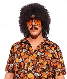 billiga -Mulletperuk med lugg 70-tals discoparty herr hippieperuk brun lång lockig herrperuk halloween-kostymer 80-tals rockerperuk