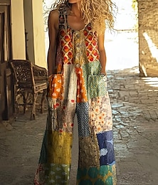 abordables -Mujer Normal Mono Casual Bloque de color Sin Mangas Perneras anchas Escote Redondo Retazos Calle Diario Ajuste regular Naranja Verano