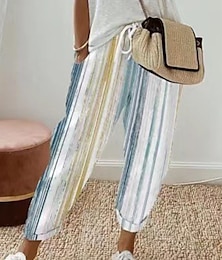 abordables -Mujer Pantalones de lino y algodón pantalones Casual Longitud total Cintura Media A Rayas Bolsillo Diseño de cordón elástico Al Aire Libre Cómodo Calle Noche Blanco Azul Caqui Verano Ajuste regular