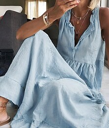 economico -Per donna Abito maxi Abiti in cotone e lino Essenziale Casual Vacanza Quotidiano Vestibilità regolare Semplice Senza Maniche Scollo a V Rosa Azzurro Estate