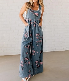 abordables -Mujer Normal Mono Ropa de calle Floral Sin Mangas Escote en U Bolsillo Estampado Calle Noche Ajuste regular Negro Rojo Azul Piscina Verano