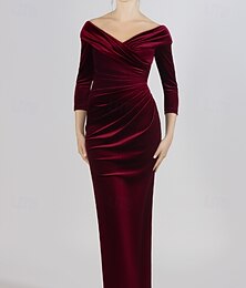 levne -Sametová mořská panna  trumpetová večerní toaleta elegantní šaty formální svatba do podlahy 3/4 délka rukávu bez ramen portrétový límec se zkrucujícími