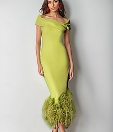 economico -Abiti da cocktail colonna in piume verdi abito elegante formale matrimonio lunghezza alla caviglia maniche corte spalle scoperte stretch crepe
