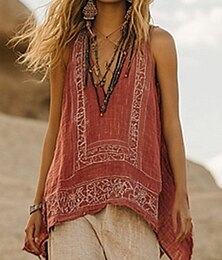 preiswerte -Damen Baumwoll-Leinen-Hemden Boho-Hemd Leinen-inspirierte Sets Bluse Blume Modern Boho Ärmellos V Ausschnitt Normale Oberteile Täglich Ferien Druck Orange Sommer