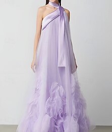 preiswerte -lila A-Linie Abendkleid elegantes Kleid formell halbformell Hochzeitsgast bodenlang ärmellos Neckholder Satin mit Blütenblättern 2025