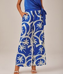 economico -Per donna Femminile Pantaloni a Gamba Larga Lunghezza intera Raso Vita Alta Elegante Bohemien Vacanza Casuale Vacanza al Mare Blu marino Estate XS S M
