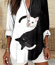 abordables -Mujer Tops de verano Graphic Animal Gato Vintage Tropical Hawaiano Manga Larga Escote en Pico Tops regulares Diario Festivos Ropa de playa Estampado Negro Blanco Marrón claro Verano Primavera