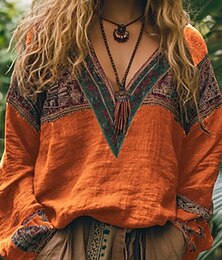 economico -Per donna Camicie di cotone e lino Camicia Boho Blusa Fiore Moderno Boho Manica Lunga Scollo a V Top Regolari Ferie Uscire Stampato Nero Rosso Arancione Grigio scuro Albicocca Estate