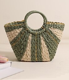 abordables -Sac de plage élégant en paille tressée pour femme avec poignées circulaires, grande capacité, design bohème écologique, parfait pour l'été, les vacances et les excursions d'une journée