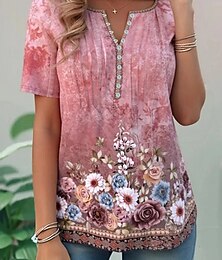 abordables -Mujer Remera de algodón Floral Graphic Plantas Básico Manga Corta Escote Redondo Tops regulares Diario Fin de semana Ropa de playa Botones Estampado Rosa Verde Trébol Verano Primavera