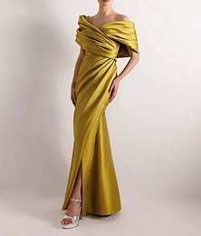 abordables -Sirène / Trompette Robe de Soirée Élégant Robe Formel Mariage Longueur au sol Sans manches Épaules Dénudées Satin avec Froncé Fente 2025