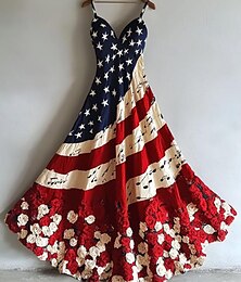 economico -Abito maxi patriottico da donna per il Giorno dell'Indipendenza Fourth of July Abito Estivo A-Line Abito Sciolto Vacanza Casual Uscita Spiaggia Vestibilità Regolare Grafica Bandiera Nazionale Senza