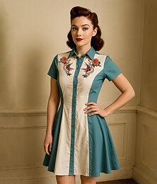 economico -Retrò Vintage Anni 1950 Mini Abito a trapezio Abito camicia Cowgirl Pulsante Giù Stampa 3D Costume Per donna Mascherata Vacanza Casuale Tè Adulti Vestito Estate