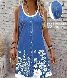 preiswerte -Damen Minikleid Sommerkleid A Linie Kleid Urlaub Lässig Täglich Normale Passform Blumen Grafik Ärmellos U-Ausschnitt Blau Sommer