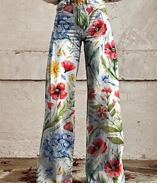 abordables -Femmes Jambe large Chinos Vacances Mode Streetwear Longueur complète Taille haute Fleuri Avec Poches Impression Confortable Doux Micro-Élastique Extérieur Rue Blanche Jaune bleu marine Bleu Ét