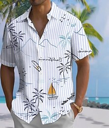 preiswerte -Herren Kokospalme Gestreift Tropische Pflanzen Sommer Hawaiihemd Knopfhemd Alohahemd Kurzarm Hawaiianisch Ferien Strandbekleidung Sommer Frühling Umlegekragen 3D-Druck Hemden mit Kragen Eine Tasche